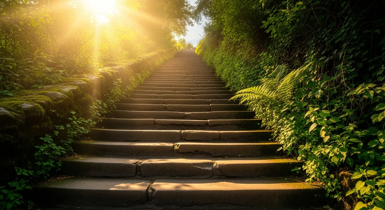 Stone staircase ascending toward golden sunrise light